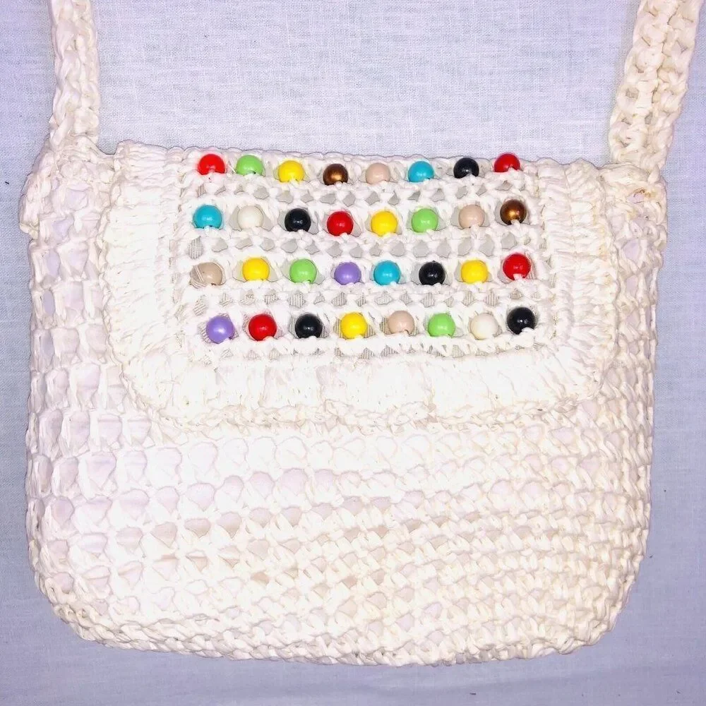 Vintage 60s Simon Womens Pocketbook Off White Crochet Shoulder Bag Beads New